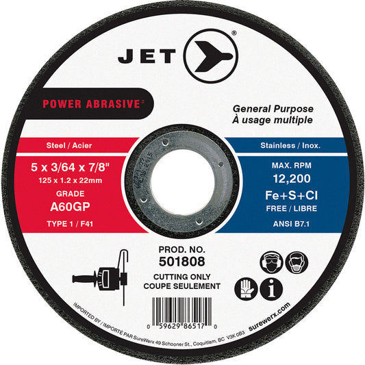 Meule à tronçonner Power-Abrasive A60GP, 5" x 0,045"/3/64", Arbre de 7/8", Type 1/F41, 12 000 Tr/min